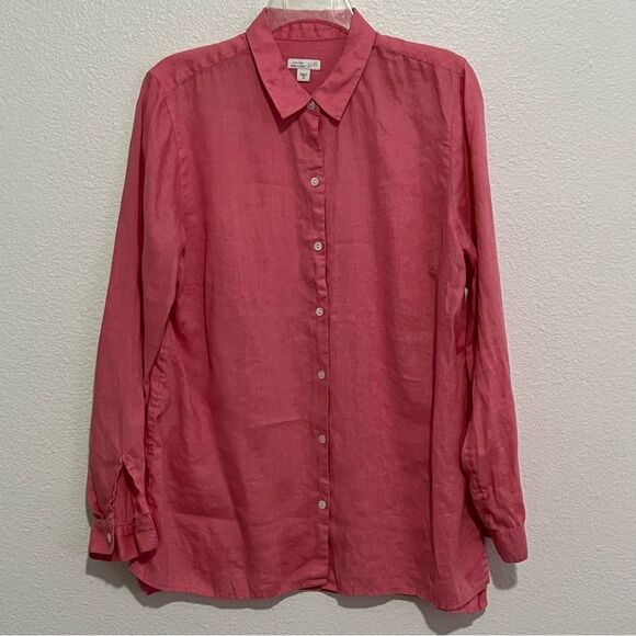 J Jill Linen Pink Essential Button Down Oversized Tunic Split Hem Top M - Picture 6 of 10